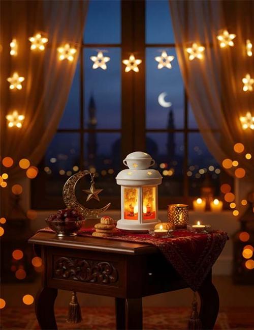 فانوس رمضان LED مضيء – فانوس رمضاني ديكور أنيق بإضاءة دافئة وزخارف إسلامية