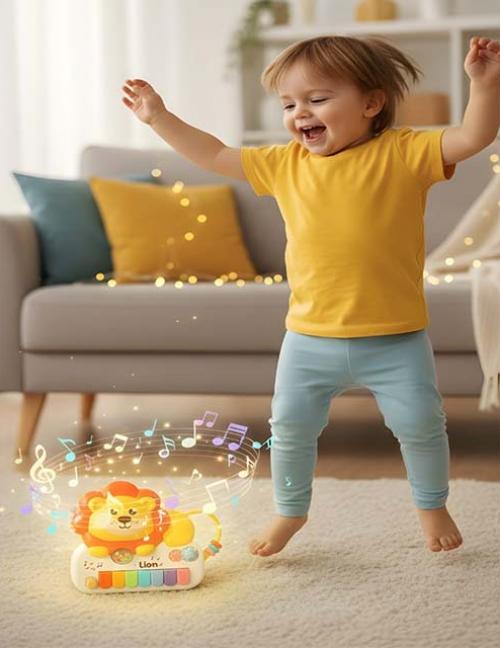 لعبة بيانو الأسد الموسيقية للأطفال – بيانو مضيء وألعاب تفاعلية – تنمية الحواس والذكاء